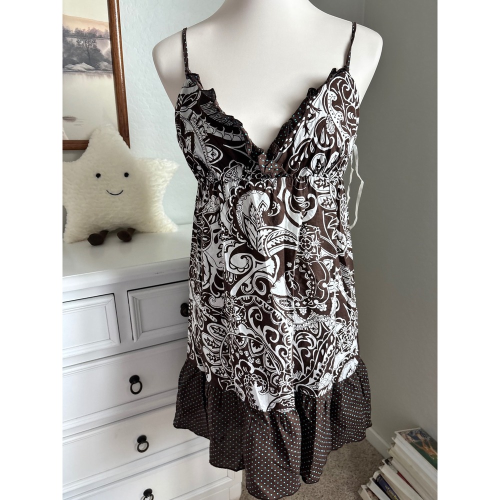 Y2K Paisley Babydoll Dress Vintage Brown Boho Mini Ruffle Summer Cotton Large